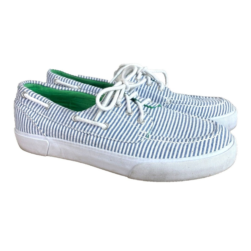 Polo by Ralph Lauren Blue & White Striped Canvas Boat Shoes - Picture 1 of 9